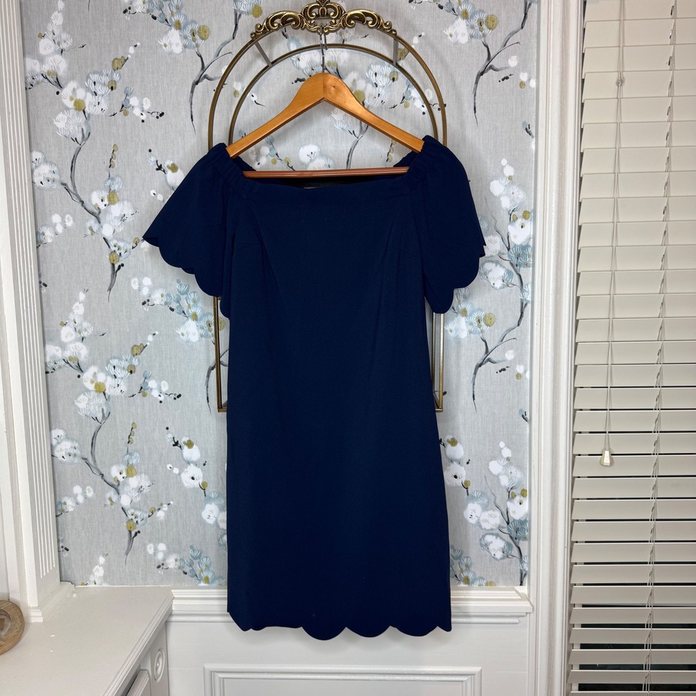 Banana Republic Navy Blue Scallop Hem Off The Shoulder Shift Dress Size 2
